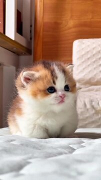 Adorable fluffy  kitten sitting on a white bed