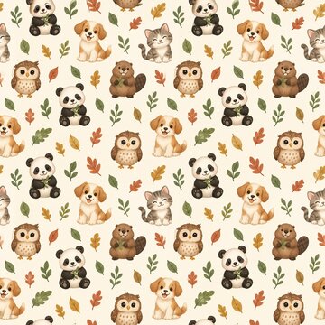 Seamless cute animal wrapping paper pattern with panda kitten puppy owl and beaver