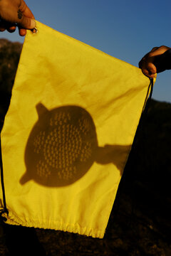 Shadow of a turtle shape on a yellow bag in daylight