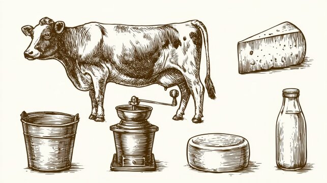 Set of hand-drawn sketches showing a milk cow, milk pail, cream separator, butter churn, cheese wheel, and milk bottle on a white background.