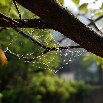 A water droplets on a spiderweb on a tree branch in rainy day generated by AI 