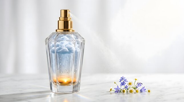 Perfume bottle displays a miniature rain cloud inside the glass container resting on a white marble table top.