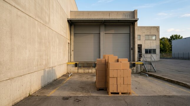 Cardboard boxes stacked on pallets at empty loading dock with closed doors