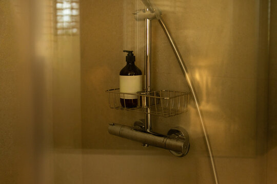 Luxury Minimalist Shower Interior with Soap Bottle