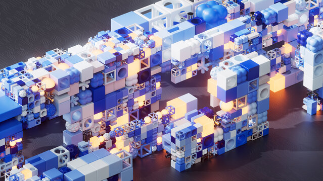 Abstract Blue and White Modular Network on Dark Background