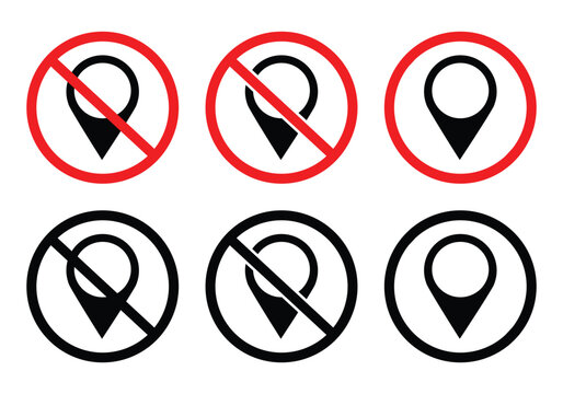 Location disabled prohibition sign set, no map pin pointer vector symbols.