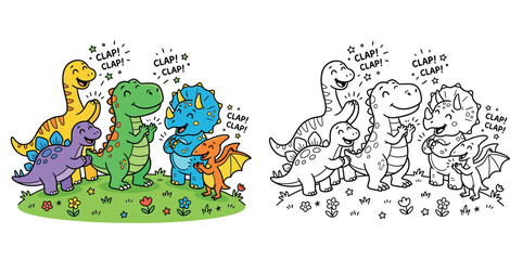 Happy Cartoon Dinosaur Friends Clapping and Cheering on a Grassy Patch © MstSangita