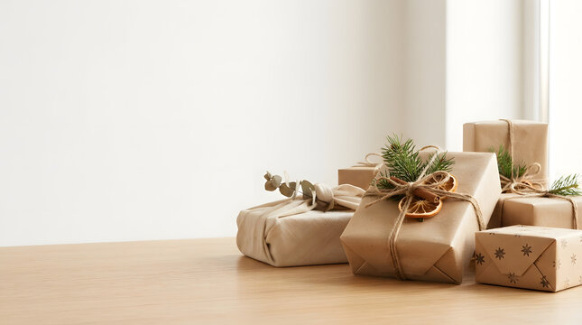 Paquetes de regalos navide&ntilde;os envueltos en papel kraft sobre mesa con espacio para texto.