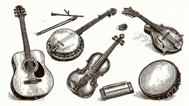 A collection of hand drawn engravings features an acoustic guitar, banjo, fiddle, mandolin, dulcimer, harmonica, and hand drum on a plain background.