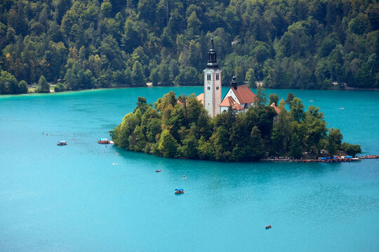 Aerial view of the church on the Lake in Bled, Slovenia