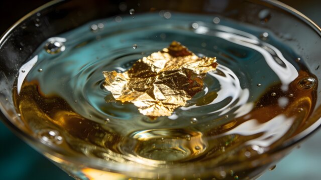 Extreme Macro Close Up Liquid Surface Tension With Floating Crinkled 24k Gold Foil Flake
