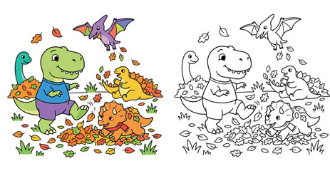 Cute Cartoon Dinosaur Friends Playing in Autumn Leaves Pile © MstSangita