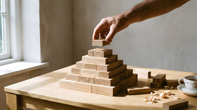 Hand Placing Top Block on Wooden Pyramid Structure for Business Hierarchy Building and Foundation Growth