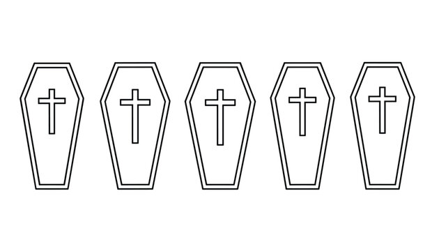 Five identical outline coffins arranged in a row, each decorated with a Christian cross symbol for a Halloween theme.