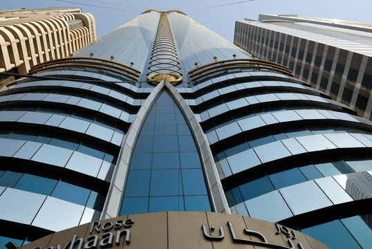 Dubai, UAE - Sept 01, 2010: The facade of the 72-story Rose Rayhaan by Rotana skyscraper also known as the Rose Tower, located on Sheikh Zayed Road