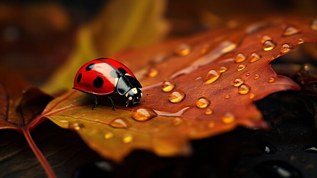 Red ladybug with black spots on wet autumn leaf detail.