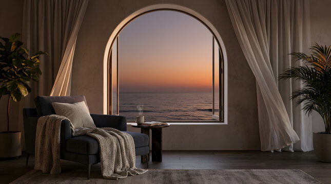 Cozy Reading Corner with Armchair Facing Ocean Sunset View | Modern Arch Window Interior with Ocean Sunset and Lounge Chair | Warm Sunset Living Room with Comfortable Chair and Sea View