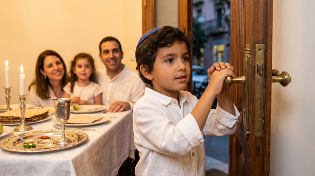 Low angle of young boy opening door for Elijah at Passover Seder, family seated at table behind him