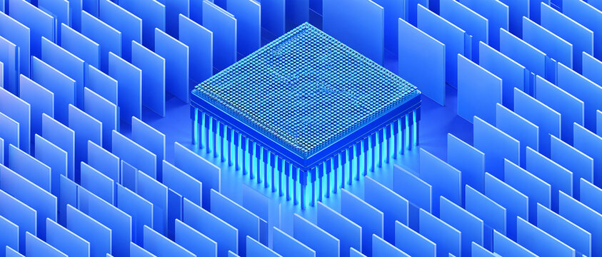 High tech microprocessor surrounded by multiple identical blank image cards arranged in neat grid, creating futuristic and digital. blue tones enhance modern feel
