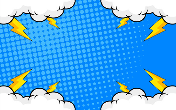 Blank comic book page background in pop art style with clouds