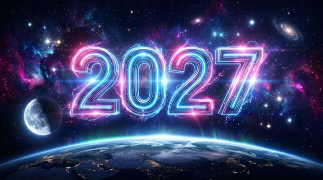 Futuristic new year 2027 celebration with earth view and vibrant neon lights
