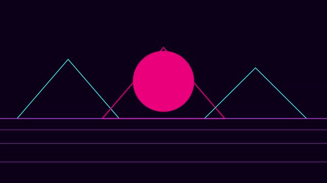 Retro synthwave landscape animation with neon mountains and glowing sun for 80s aesthetic motion vaporwave