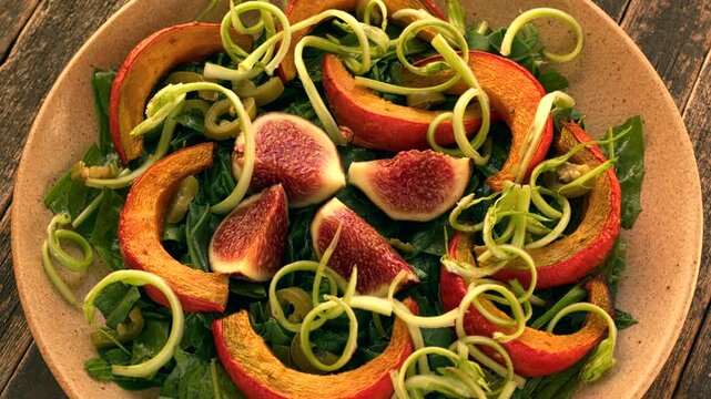 Close-up of a gourmet salad with New Zealand spinach (tetragon), roasted Hokkaido pumpkin, fresh figs, and curled puntarelle strips on a stoneware plate, rotating against a rustic dark-wood table.