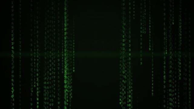 Futuristic digital data rain featuring vertical columns of glowing green numbers falling continuously against a dark technology background.