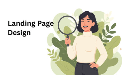 Fototapeta premium Landing page design concept showing a cheerful woman holding a magnifying glass surrounded by green leaves.
