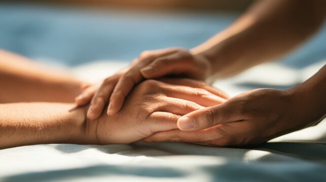 Hands of an occupational therapist support a patients hand to guide through a rehabilitation exercise in a therapy room.