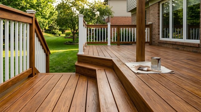 Warm Stained Deck With White Balusters Paint Can and Used Brush