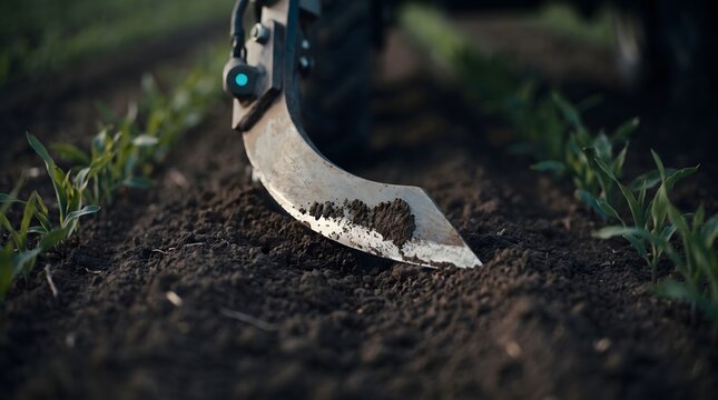 Agricultural plough blade digs into fertile soil preparing land for planting young seedlings.
