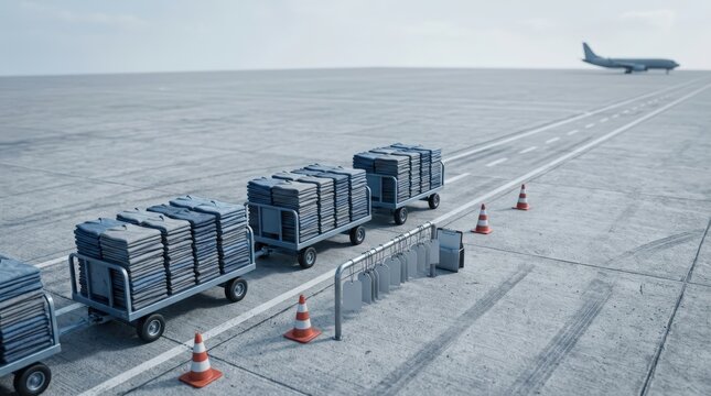 Airport apron logistics with stacked baggage carts and airplane in distance