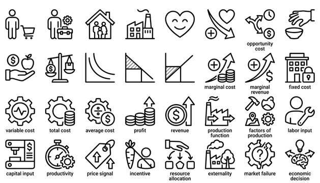 microeconomics cost curves profit revenue and production functions line icon set.