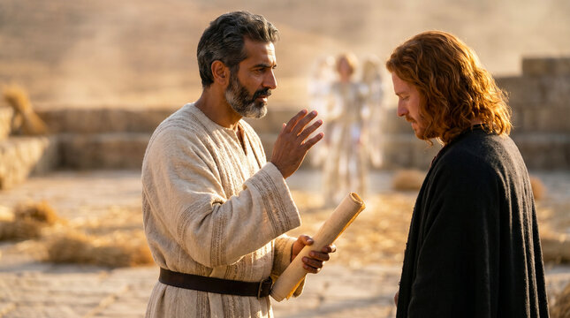 Prophet Gad in side profile instructing King David to build altar on threshing floor of Araunah the Jebusite, biblical scene
