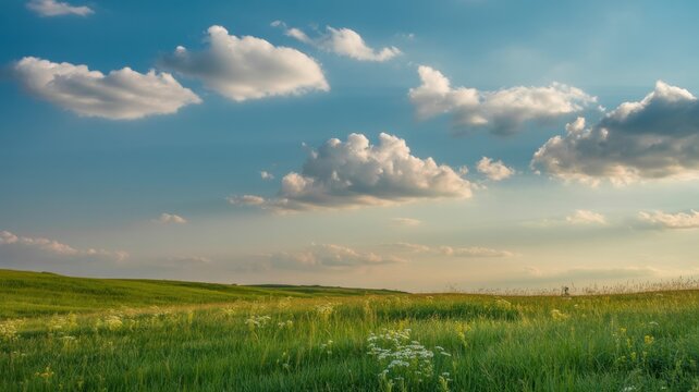 green meadow landscape blue sky clouds nature field countryside scenic horizon summer