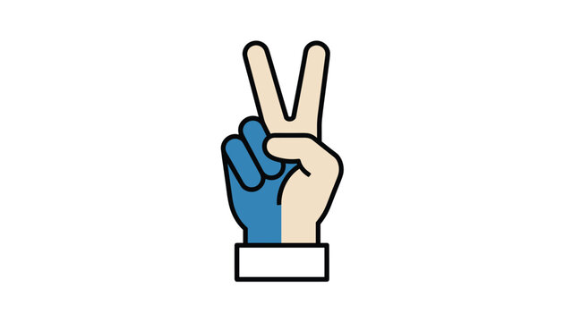 A vector icon of a hand showing a peace or victory sign with two fingers raised, colored in blue and beige, on a white background.