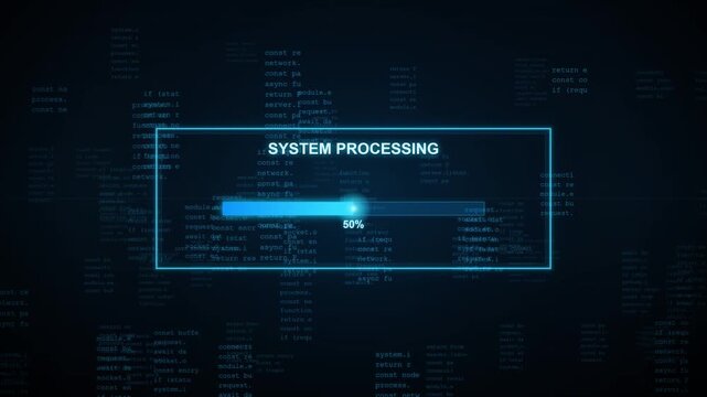 Futuristic digital technology interface displaying a glowing cyan system processing window with a loading progress bar and percentage counter completing against a background of scrolling computer code