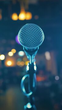 Microphone on stage against a background of auditorium.