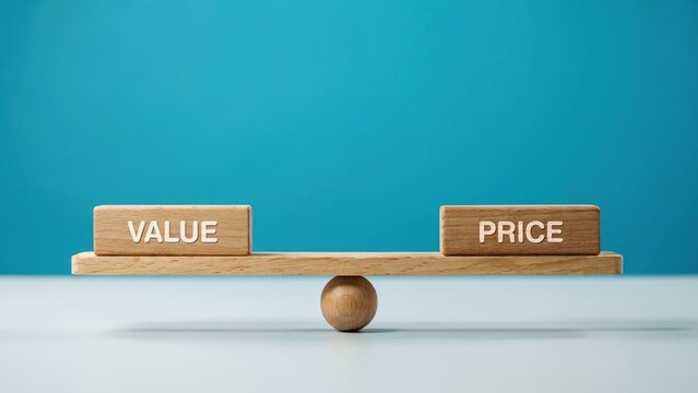 Value and price balancing evenly on wooden seesaw representing economic comparison strategy during financial market analysis
