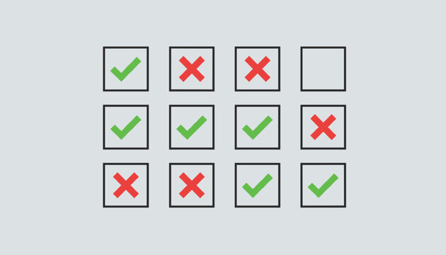 Grid of checkmarks and crosses showing correct and incorrect answers on a light gray background for evaluation purposes.