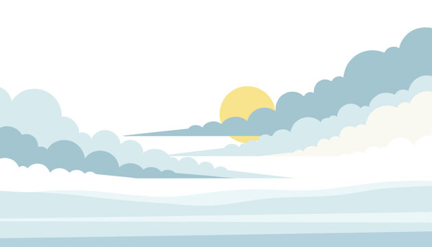 Peaceful landscape illustration featuring a yellow sun behind soft blue and white clouds under a serene sky background.