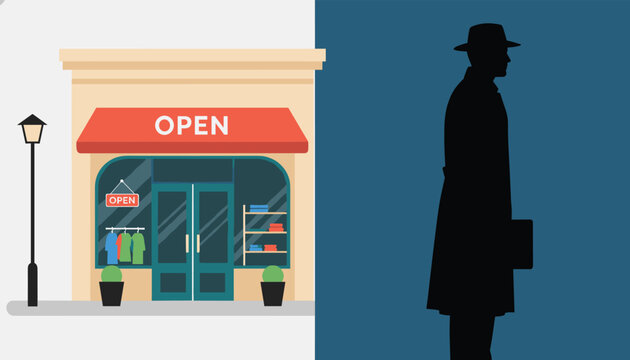 Silhouette of a man in a coat and fedora hat standing outdoors near an open clothing store with a lit street lamp.