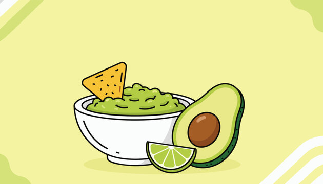 Delicious fresh guacamole in a white bowl with a tortilla chip, sliced avocado, and a fresh lime wedge on a yellow surface.