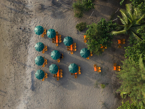 Aerial View of Teal Umbrellas Near Palm Trees at a Beach