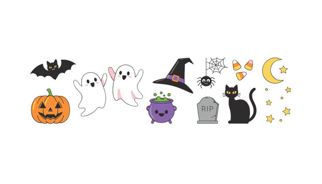 Cute Halloween collection featuring a smiling pumpkin, playful ghosts, a witch hat, a black cat, and spooky stars.