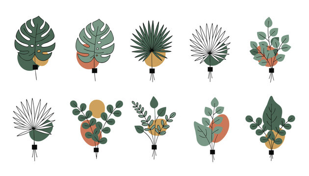 Collection of ten minimal tropical leaf illustrations with geometric shapes and black stems on a white background.