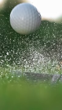Golf club hits a golf ball in a super slow motion. Drops of morning dew and grass particles rise into the air after the impact.