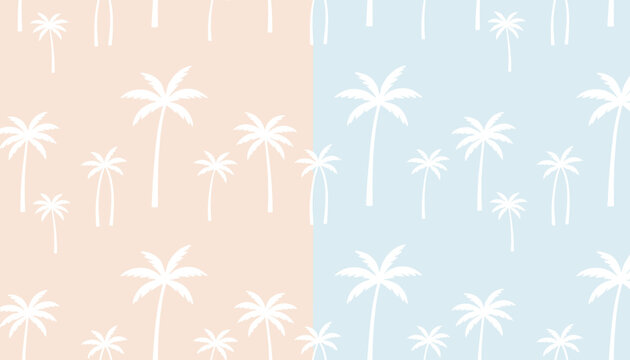Seamless pattern of white palm trees against a split pink and blue pastel background for tropical summer designs.