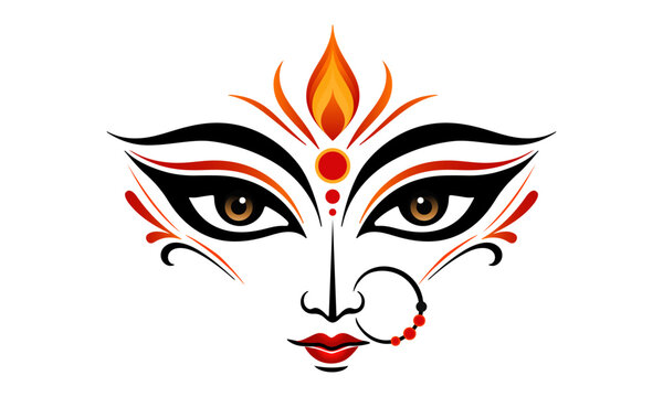Maa durga goddess face with expressive eyes, sacred flame and traditional hindu ornamental line art